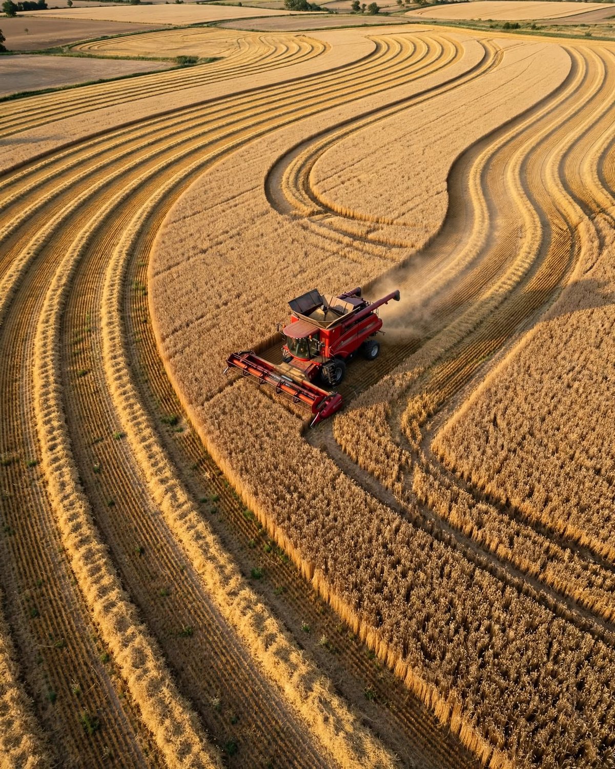 Combine harvester moving across golden crop rows