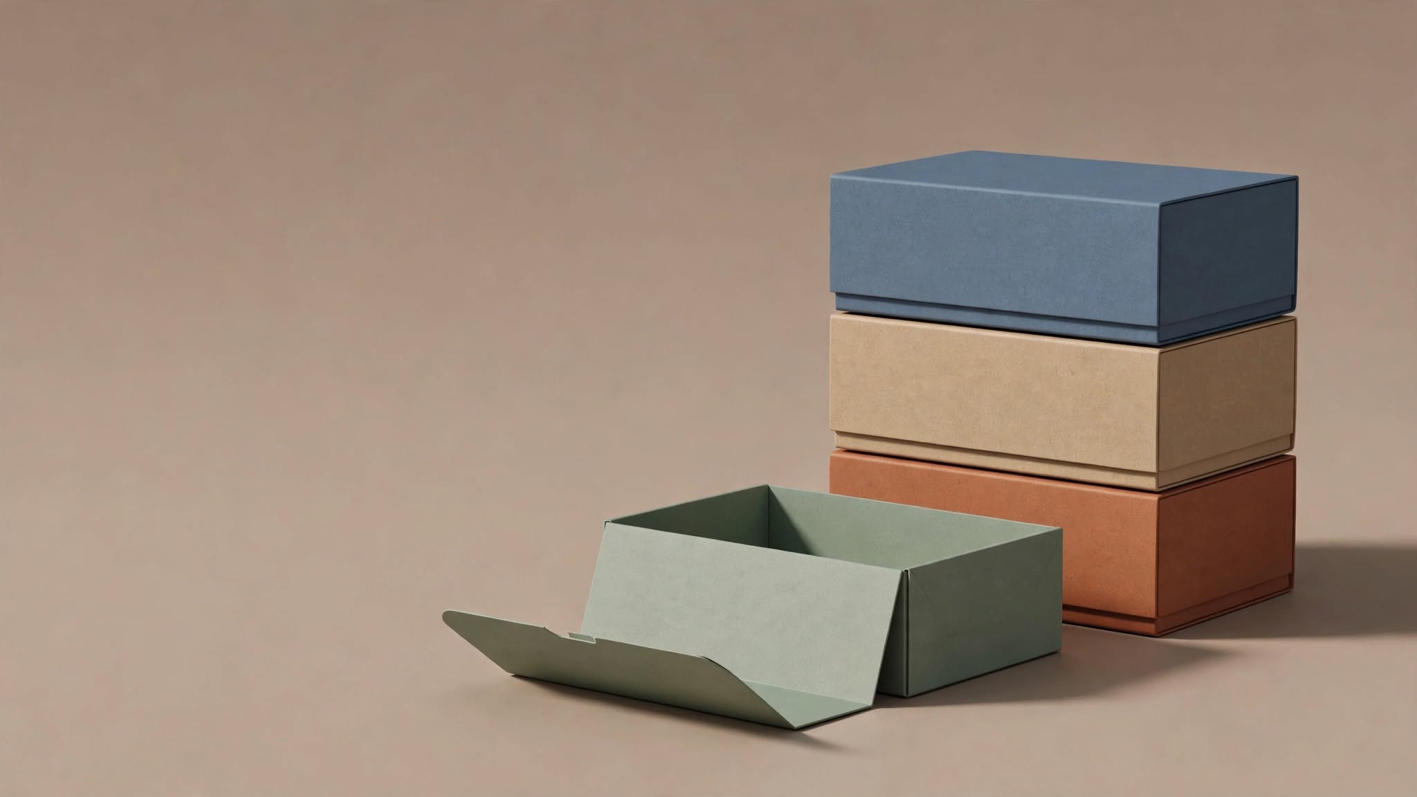 Stacked Dose of Better shipment boxes in blue, kraft and terracotta beside an open sage box