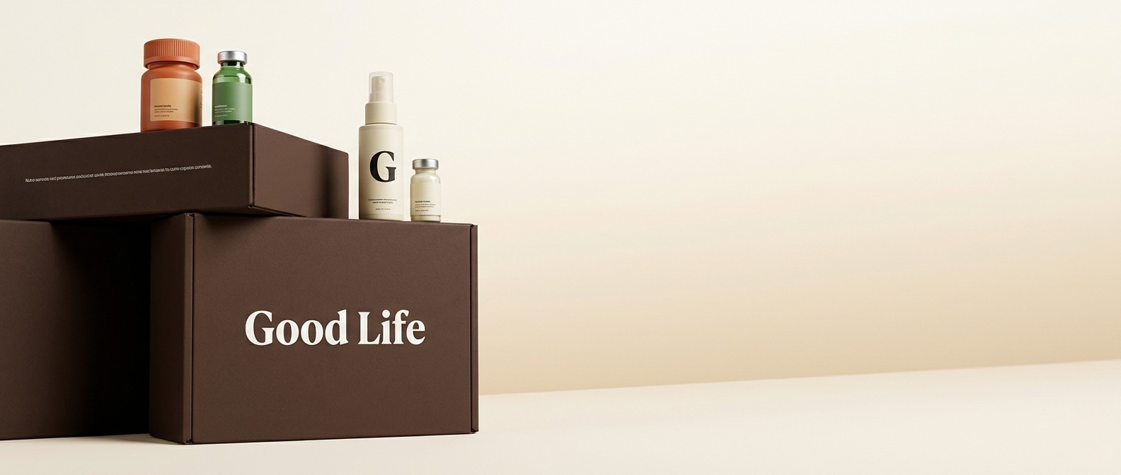 Dose of Better packaging boxes with medication bottles on top