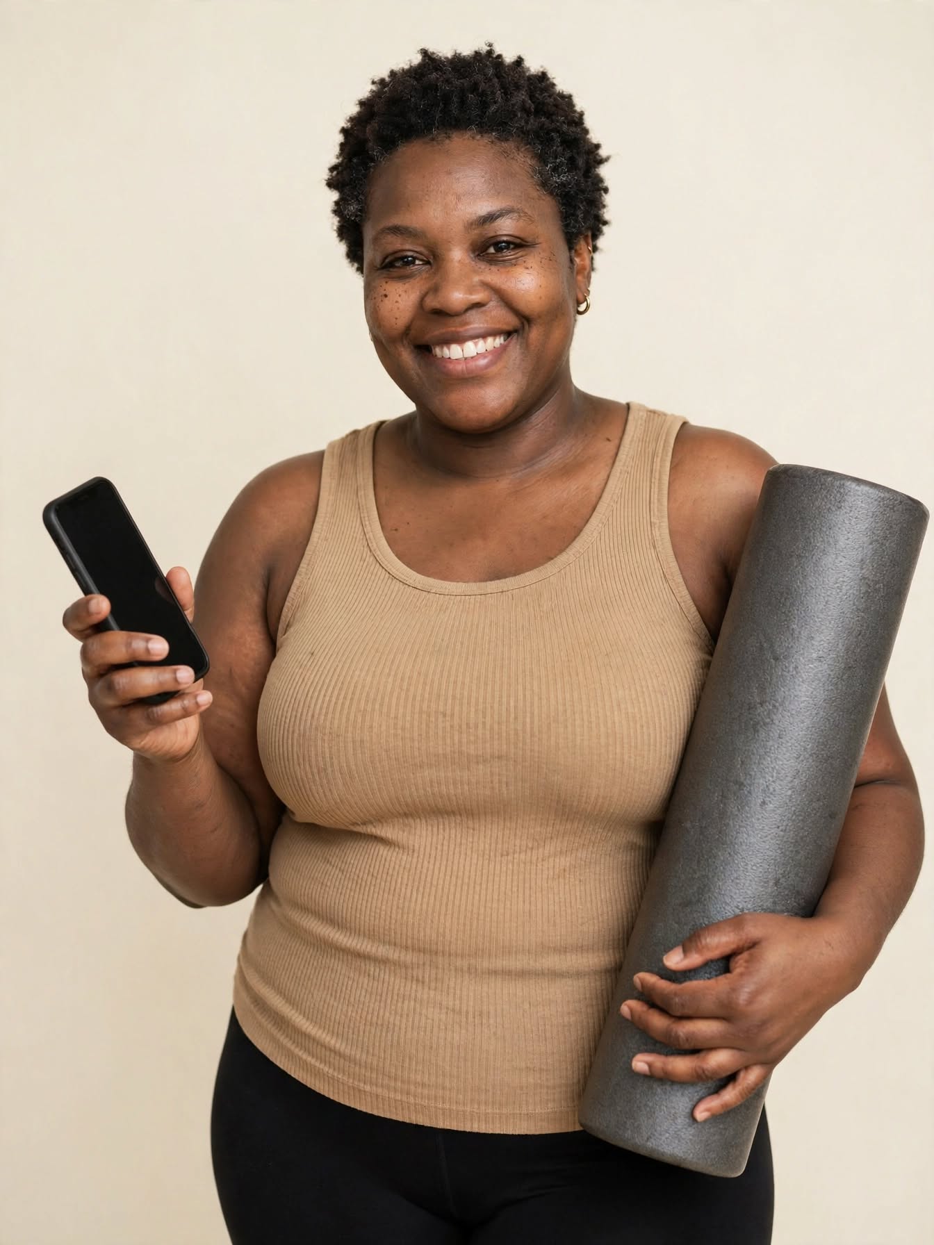 Patient smiling while holding a smartphone