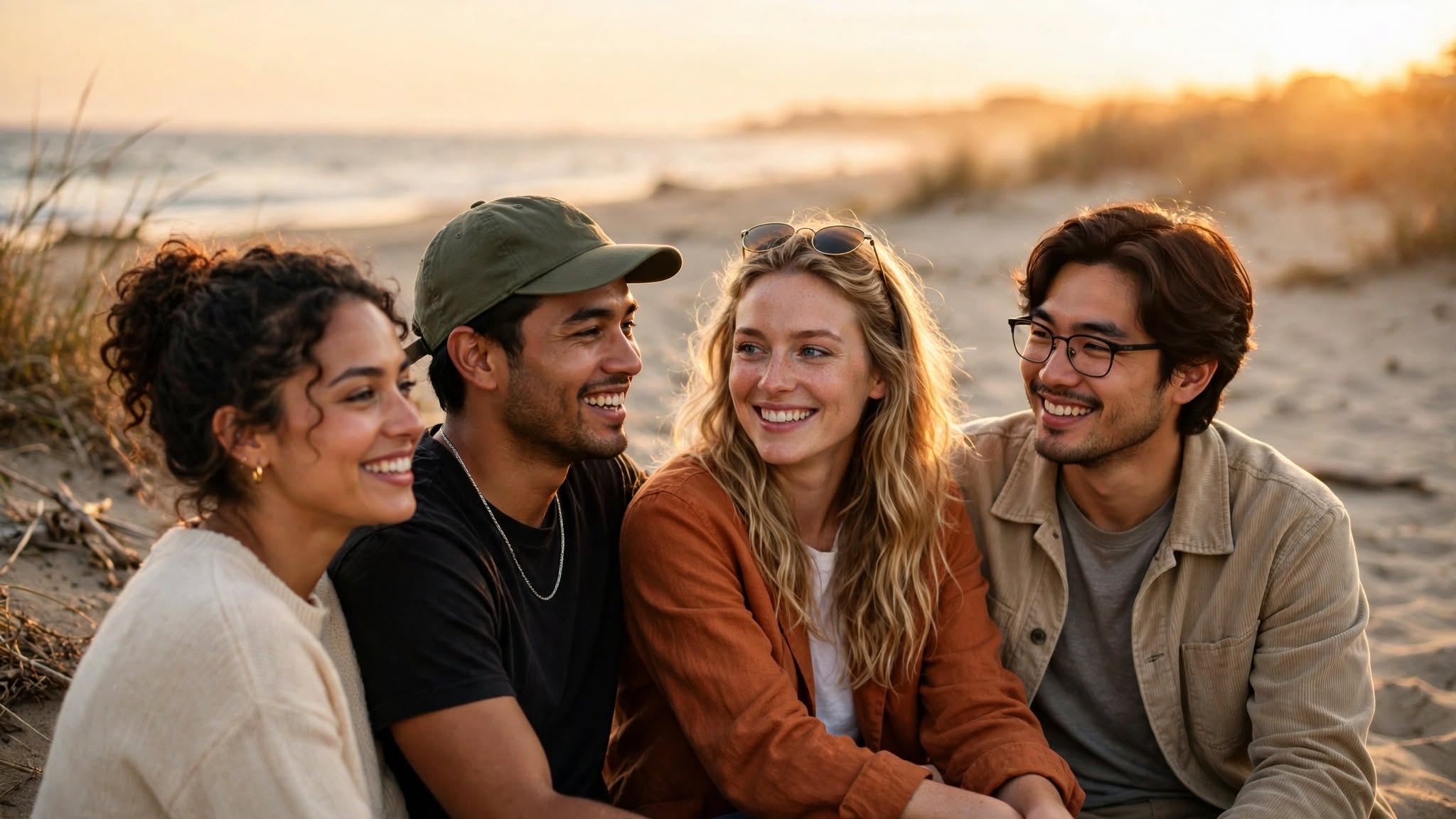 Friends on a beach at sunset